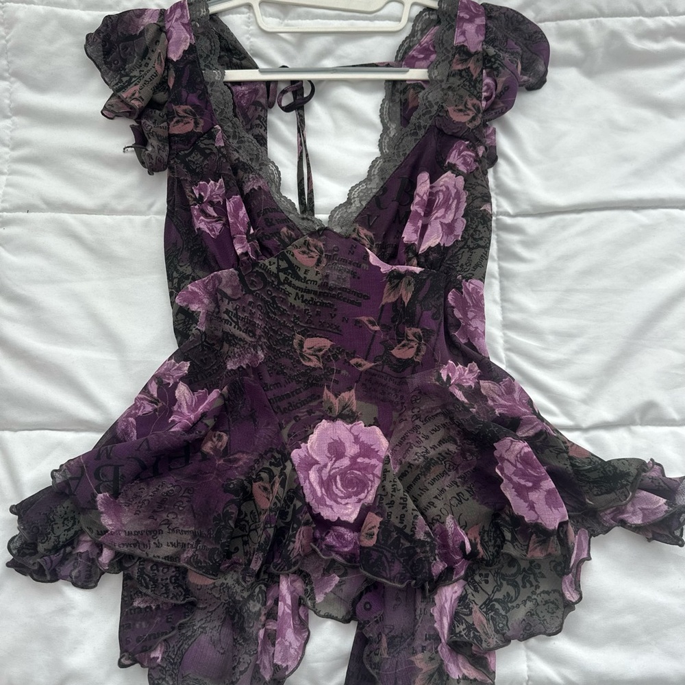 Urban Outfitters Purple Floral Ruffle V-Neck Dress Top